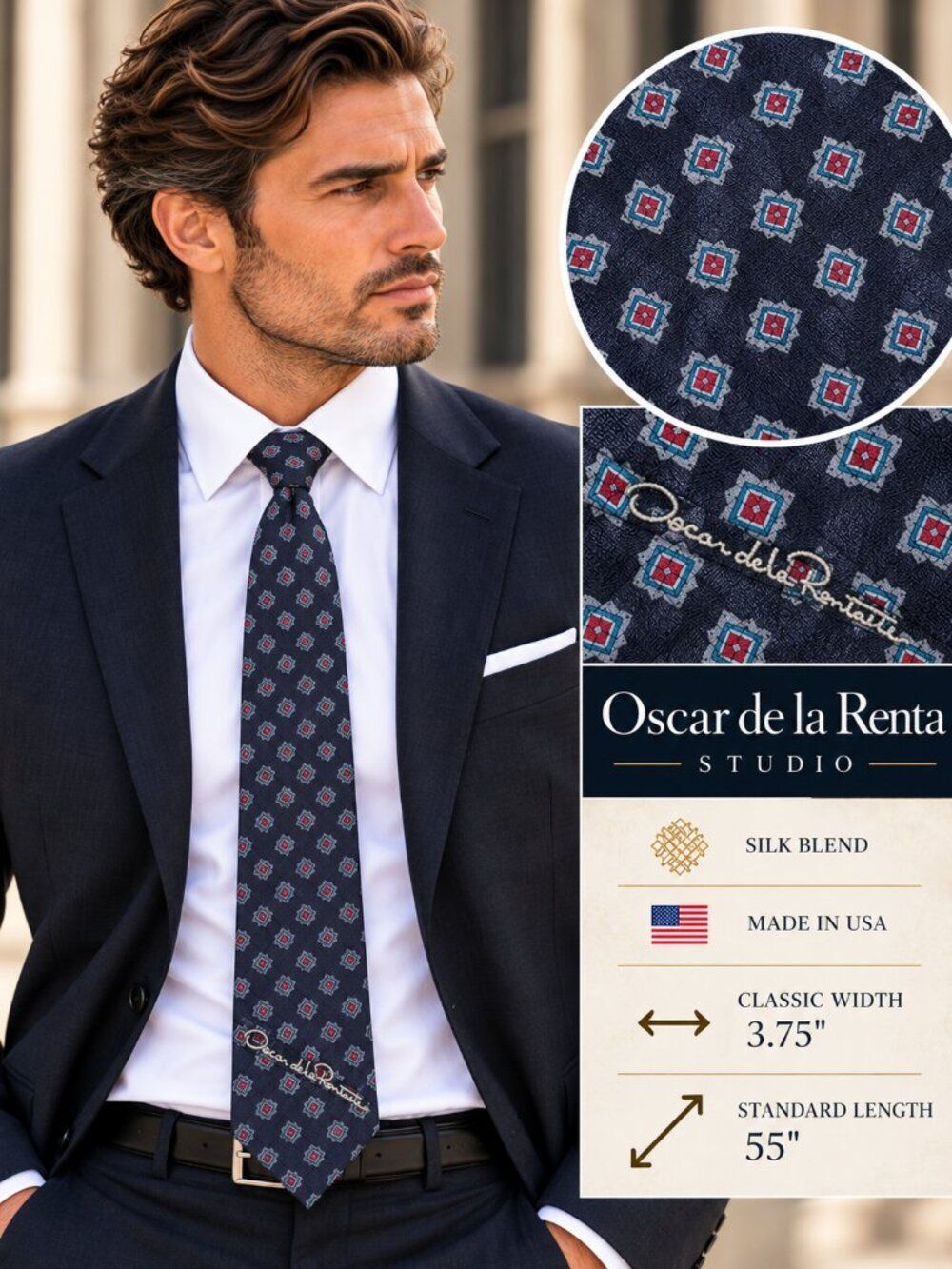 Oscar de la Renta Studio Vintage Silk Blend Tie Navy Medallion Mens 55" Luxury